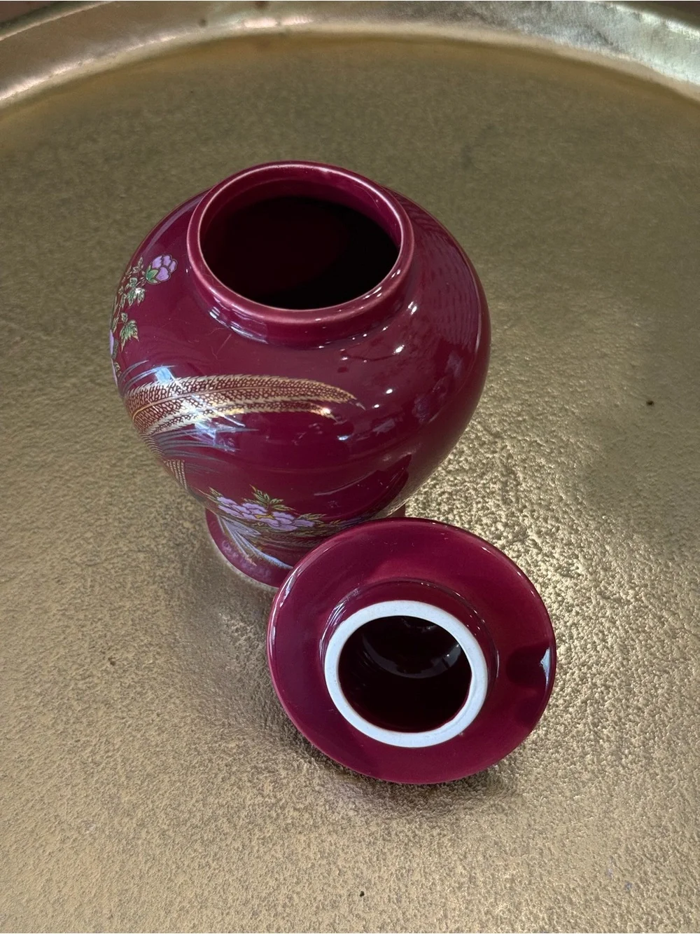 Vintage Burgundy Ginger Jar – Phoenix & Floral Porcelain Decor